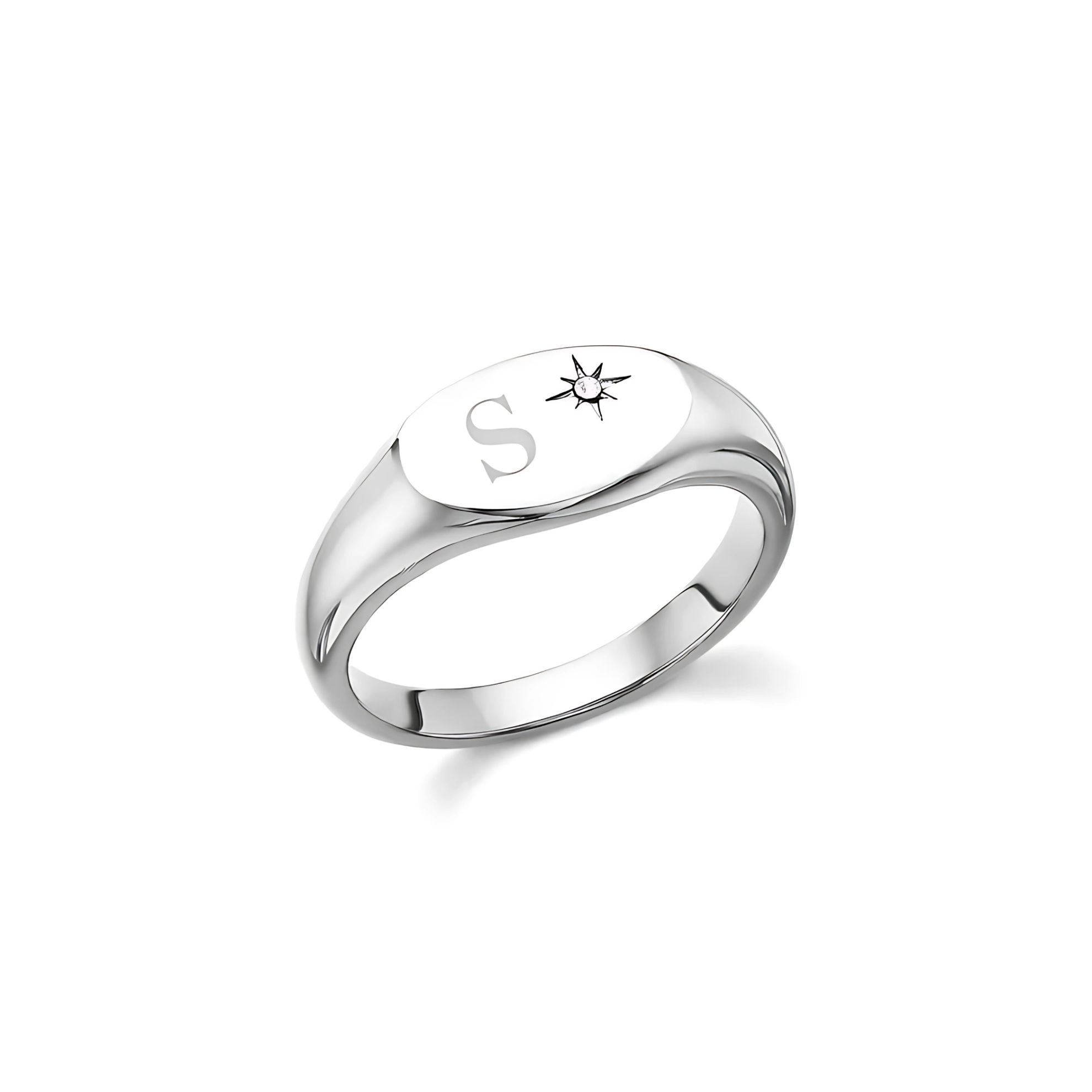 925 Sterling Silver Signet Alphabet with Northern Star Ring